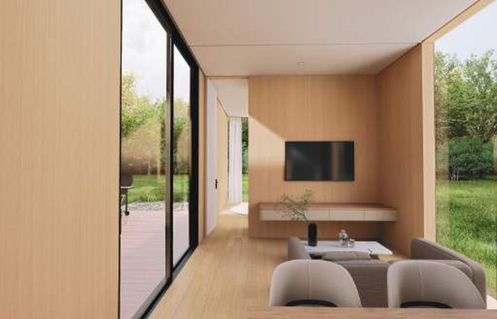 Villa interior lined in pale oiled timber